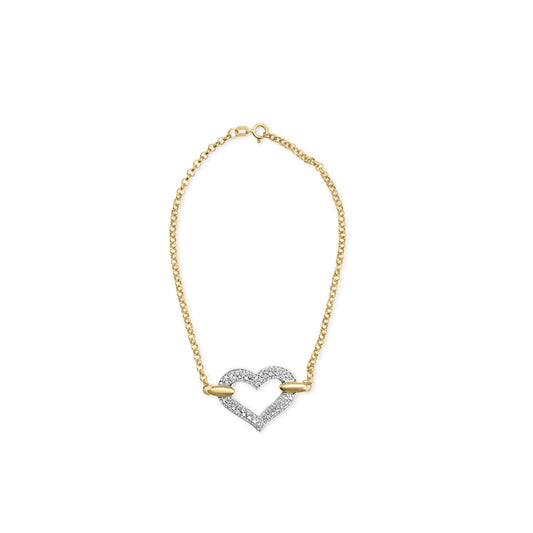 Top-down view of a yellow and white metal bracelet with a heart-shaped centerpiece adorned with small white gemstones in a prong setting.
