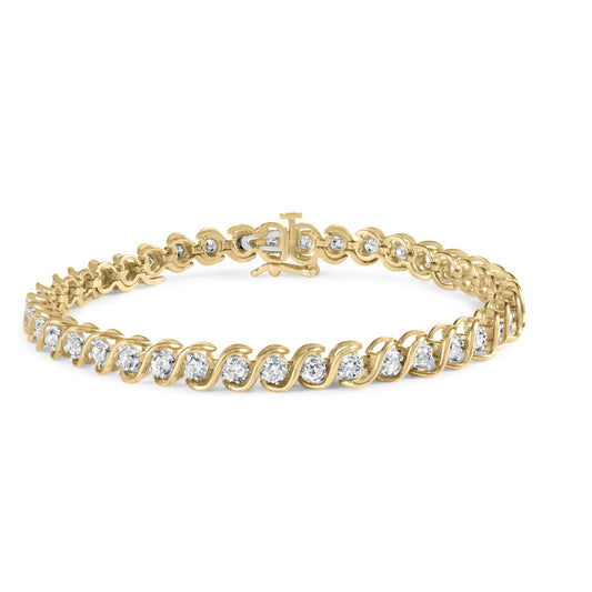 Yellow metal bracelet with round white gemstones in miracle setting viewed from front angle.