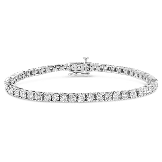 White metal bracelet with round white gemstones in miracle settings, shown from a front-facing angle on a white background.