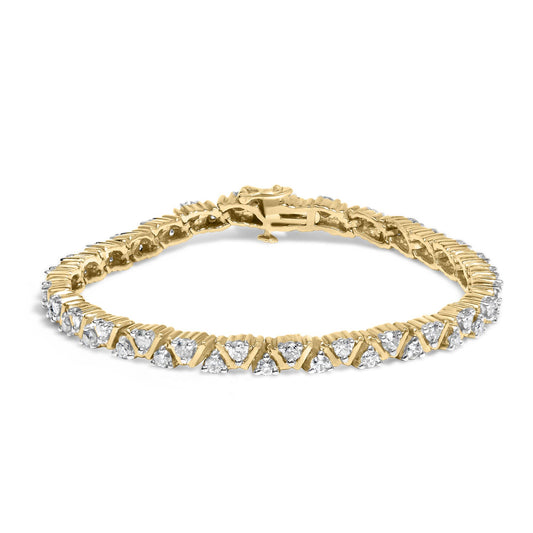 Yellow bracelet with round white gemstones in three-prong settings, shown from a slight angled top view.