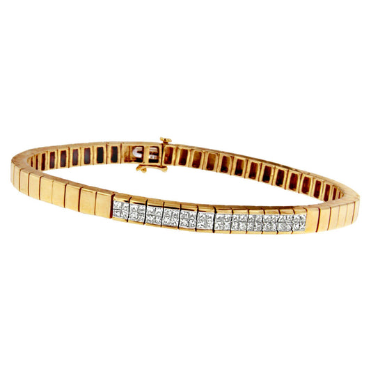 Yellow bracelet with a row of white princess-shaped gemstones in invisible setting, shown in a front angle view.