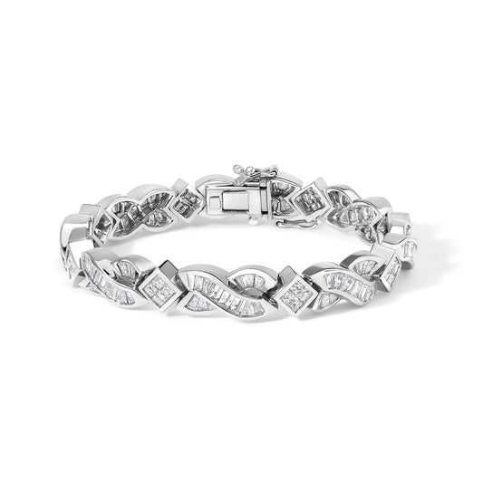 White metal bracelet with alternating wave and square links set with white baguette and princess shape gemstones, shown in a front angle view.