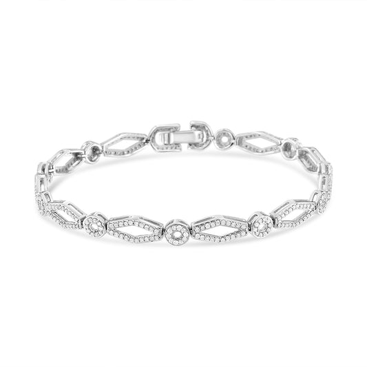 White metal bracelet with alternating marquise-shaped and circular links, each adorned with white gemstones in prong settings, shown from a front angle on a white background.