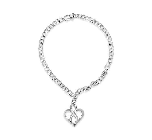 White metal bracelet with chain links and a heart-shaped pendant, shown from a top-down angle.