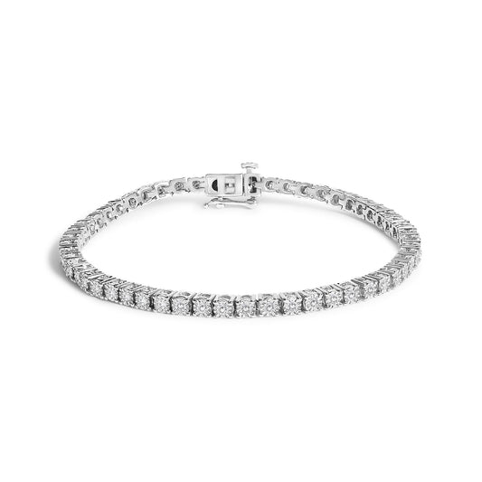 Bracelet with round white gemstones in miracle setting, white metal, shown from a front angle on a white background.