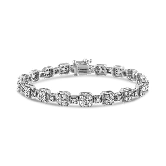 White metal bracelet with square and round settings featuring white round gemstones in a prong setting, displayed at a slight angle on a white background.