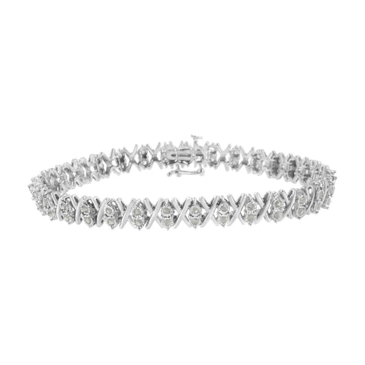White metal bracelet with round white gemstones in a Miracle setting, shown from front angle on a white background.