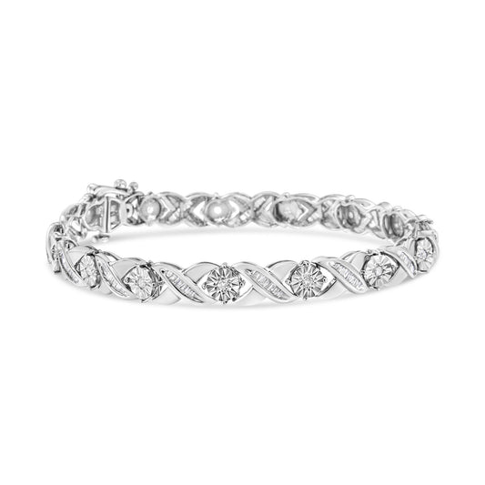 Close-up front angle of a white bracelet featuring round white gemstones in miracle settings alternating with sections of baguette white gemstones in channel settings.