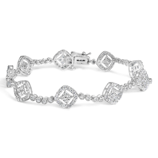 White metal bracelet with alternating square and round sections set with white round gemstones, shown in a front-facing angle on a white background.