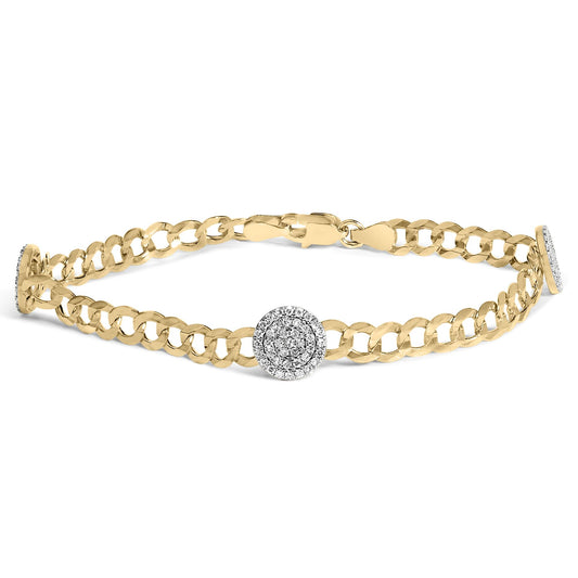 Yellow bracelet with linked chain and circular cluster of white gemstones in prong setting, shown at an angled top view.