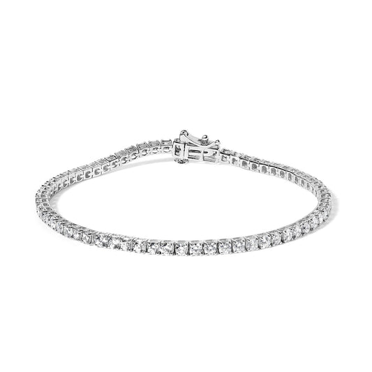 White metal bracelet with round white gemstones in 4-prong settings, shown from a top front angle.