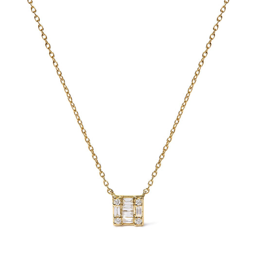 Front view of yellow metal necklace with square pendant featuring white round prong-set gemstones and baguette channel-set gemstones.