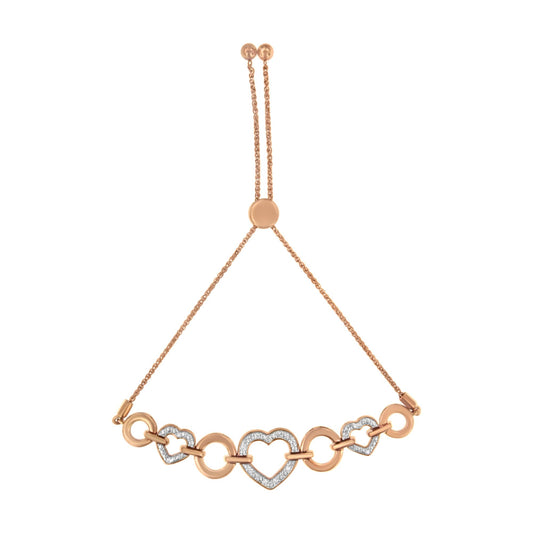 Rose and white metal bracelet with heart and circle links, some adorned with white gemstones in pave setting, shown from a top-down angle.