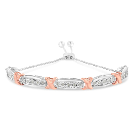 Bracelet with alternating white and rose metal sections, white round gemstones set in white metal segments, photographed from the front angle.