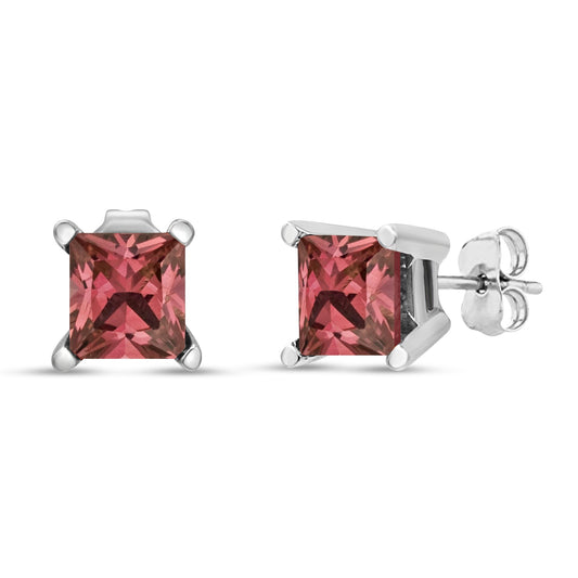 Pair of white metal stud earrings with princess-shaped pink gemstones in 4-prong settings, shown from front and side angles.