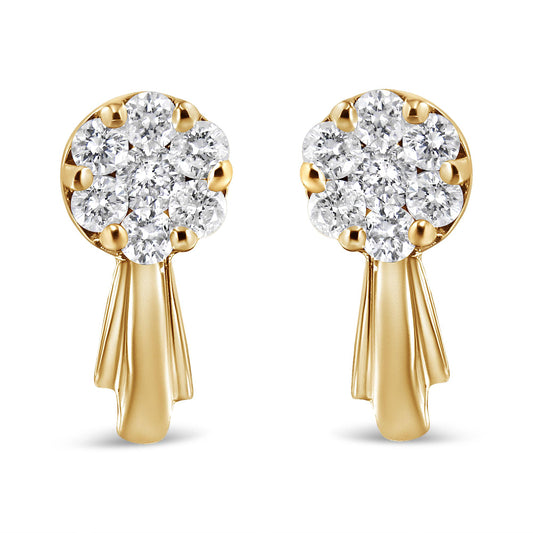 Front view of yellow metal earrings with white round gemstones in prong settings arranged in a floral cluster pattern.