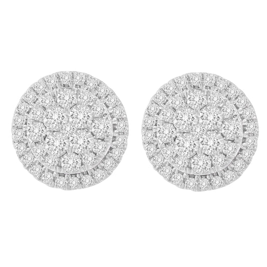 Front view of a pair of round yellow metal earrings with multiple white round gemstones in prong settings.
