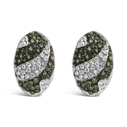 Pair of oval-shaped white metal earrings shown from the front on a white background, featuring pave-set round blue gemstones covering most of the surface and a curved section of pave-set round white gemstones across the center, with additional small clusters of white gemstones near the top and bottom edges.