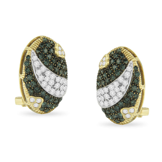 Pair of yellow metal oval earrings with pavé-set white and blue round gemstones, shown in a front angled view.