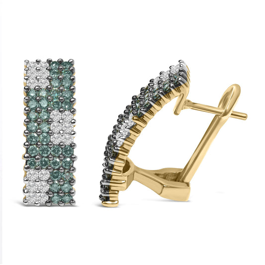 Pair of yellow metal earrings with alternating rows of white and blue round pave-set gemstones, shown from front and side angles.