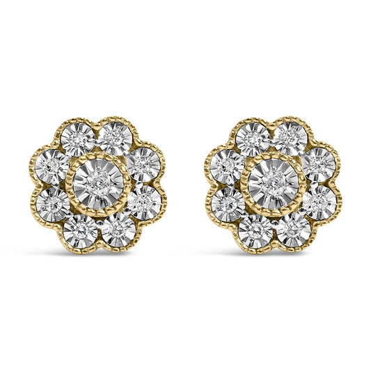 Pair of yellow metal stud earrings with round white gemstones in a floral cluster design, shown at a slight angled front view.