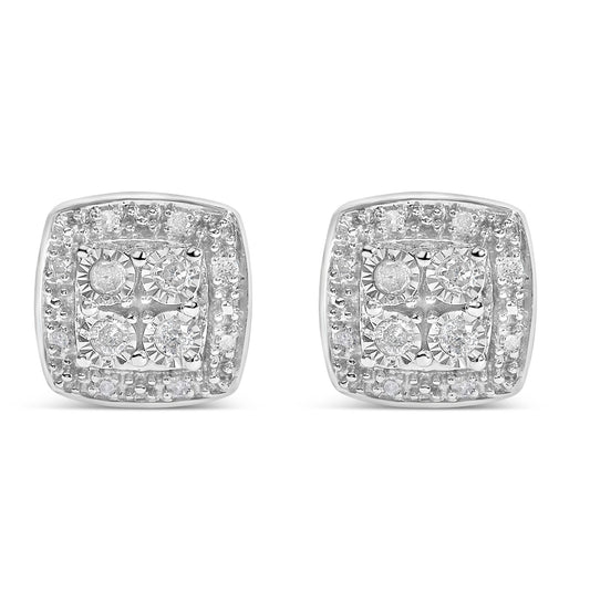 Front view of a pair of white metal square-shaped earrings with round white gemstones arranged in a cluster pattern.