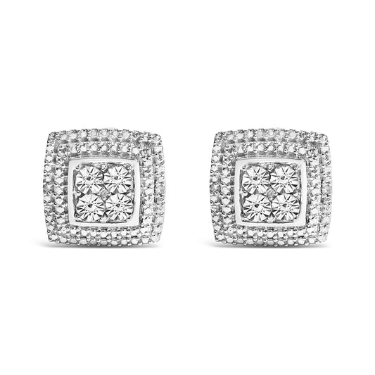 Front and side views of square-shaped white metal stud earrings with round white gemstones in micro-pave setting, shown on a white background.