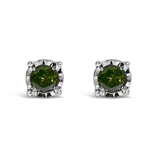 Front view of white metal stud earrings with round green gemstones in miracle setting.