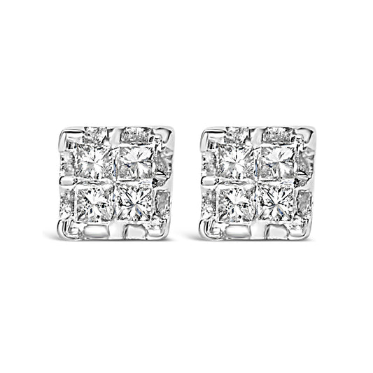 Front view of a pair of square yellow metal earrings with multiple white princess-shaped gemstones in an invisible setting.