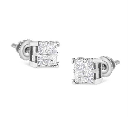 Pair of white metal stud earrings with princess-shaped white gemstones in an invisible setting, shown from a slightly angled top front view.
