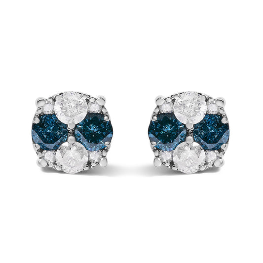 Pair of white metal earrings shown from the front on a white background, featuring round prong-set blue and white gemstones arranged in a circular cluster.