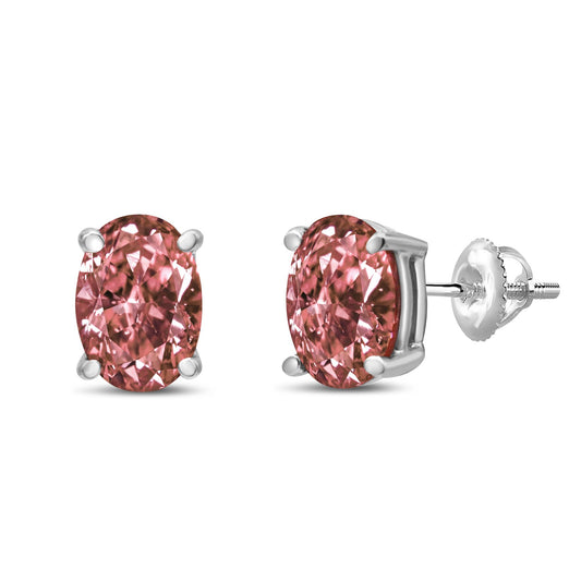 Pair of white metal stud earrings with oval-shaped pink gemstones in 4-prong settings, shown from front and side angles.