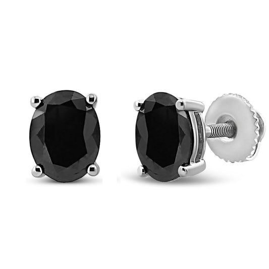 Pair of white metal stud earrings with oval black gemstones in prong settings, shown in front and side angles.