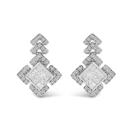 Pair of white metal earrings shown in close-up from the front, featuring a geometric design with central princess-shaped white gemstones in an invisible setting, surrounded by round white gemstones in 4-prong settings.
