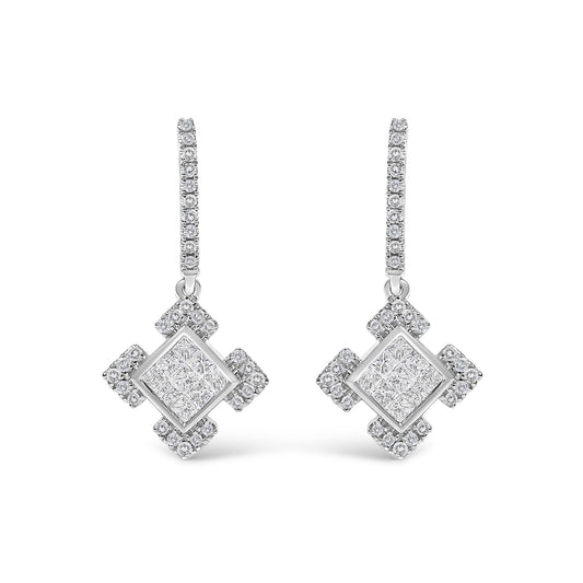 10K White Gold Princess and Round Diamond Geometric Composite Dangle Earrings