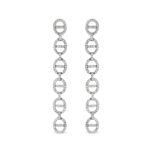 Sterling Silver 1.0 Cttw Diamond Oval Design Dangle Earrings