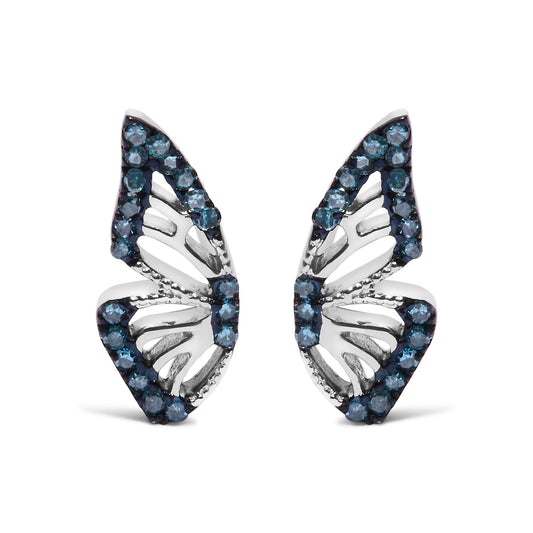 Sterling Silver 1/6 Cttw Blue Treated Diamond Butterfly Stud Earrings