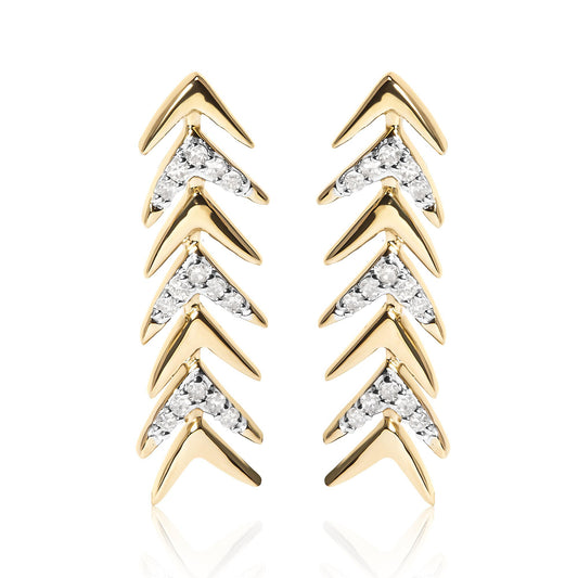 Pair of yellow metal earrings with a vertical chevron design featuring multiple sections set with white round gemstones, shown from the front angle.