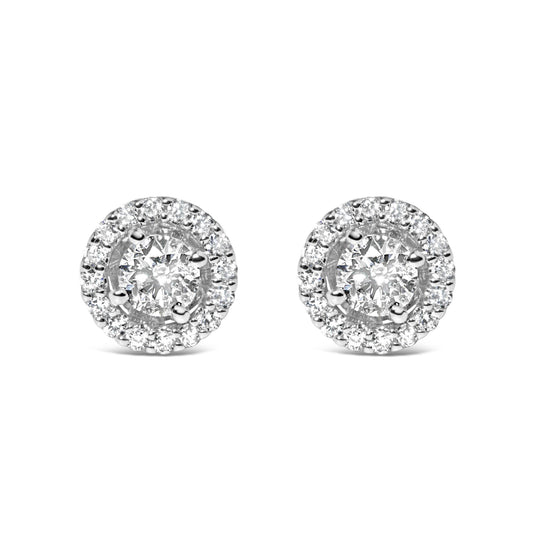 Pair of white metal round stud earrings with central white gemstone surrounded by smaller white gemstones, front-facing angle.