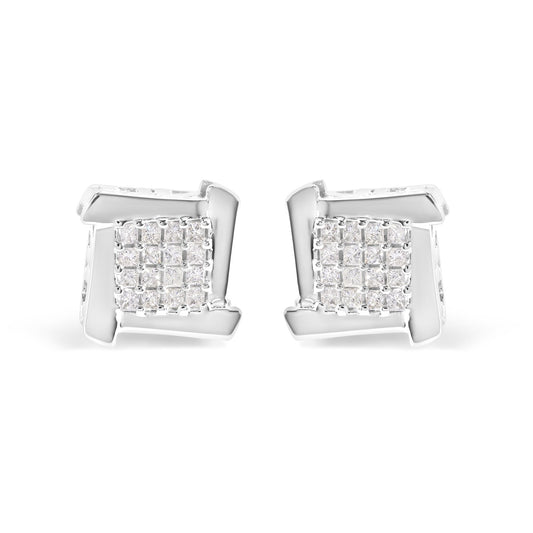 Front view of a pair of white metal earrings featuring clusters of prong-set, white princess-shaped gemstones.