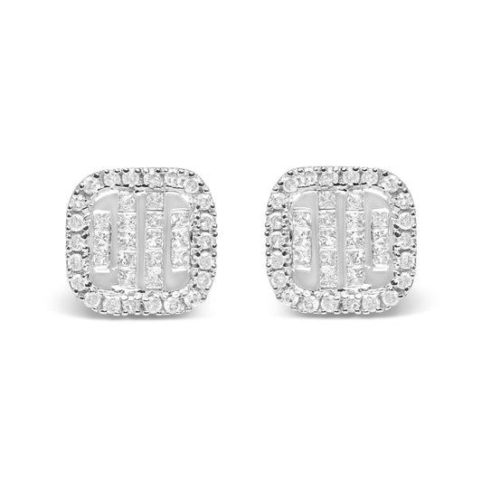 Front view of white metal square earrings featuring a center of princess-shaped white gemstones in an invisible setting, surrounded by round-shaped white gemstones in a prong setting.