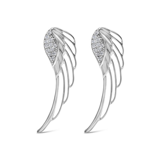 Pair of white metal earrings designed as stylized wings with curved lines and clusters of small round white gemstones, front-facing angle.