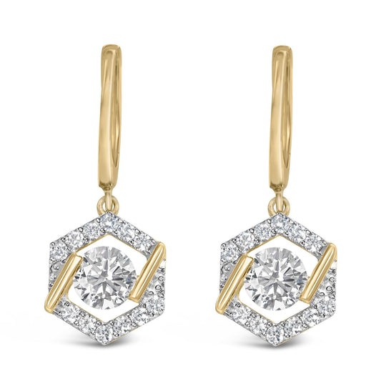Close-up front view of a pair of yellow metal earrings featuring a central round white gemstone surrounded by a hexagonal border of smaller white gemstones in prong settings.