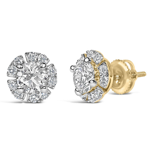 Close-up, front angle view of a pair of yellow metal earrings featuring a central round white gemstone surrounded by multiple smaller round white gemstones in prong settings.