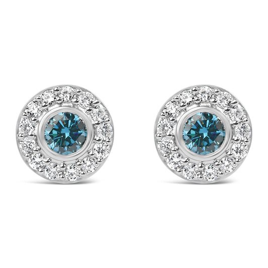 Sterling Silver 1.0 Cttw Blue and White Lab Grown Diamond Round Halo Stud Earrings