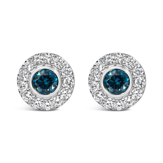 Sterling Silver 1 1/2 Cttw Blue and White Lab Grown Diamond Round Halo Stud Earrings