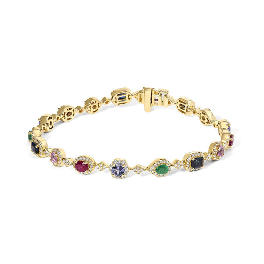 Yellow metal bracelet with alternating pear-shaped green gemstones, oval red gemstones, round blue and pink gemstones, and emerald-shaped blue gemstones, each surrounded by small white gemstones. Shot from a front angle on a white background.