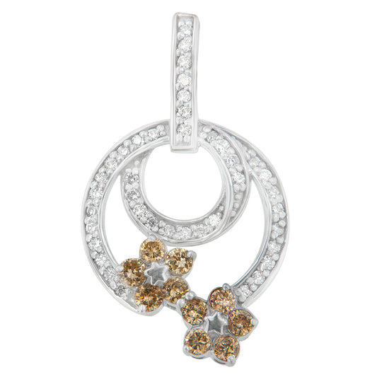 Close-up front view of a white metal necklace pendant featuring two concentric circles adorned with white round gemstones and two flower shapes decorated with champagne round gemstones.