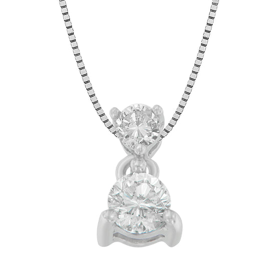 Front view of a white metal necklace with two round-shaped white gemstones in prong settings, shown against a white background.