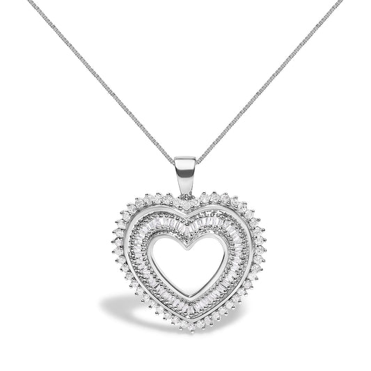 Front-facing shot of a white metal heart-shaped necklace pendant with two rows of prong-set white round and baguette-shaped gemstones, hanging from a chain.